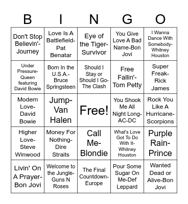 80s Classic Rock Bingo Card