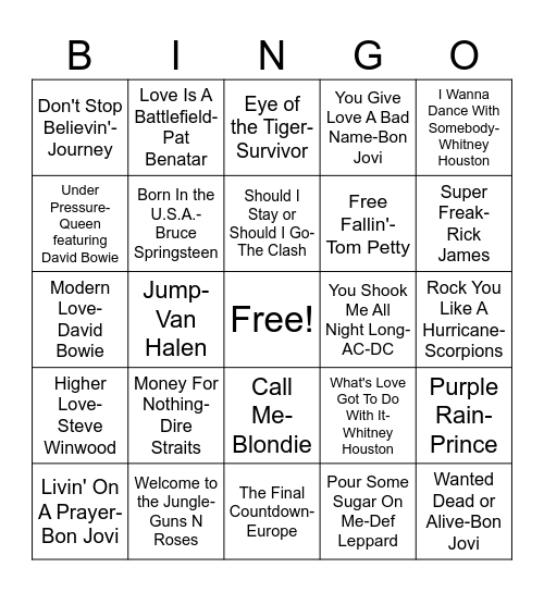 80s Classic Rock Bingo Card