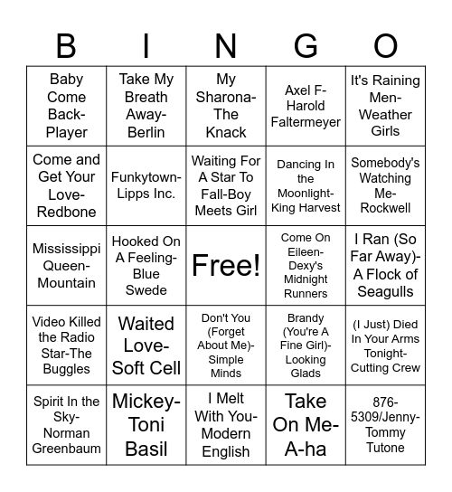 70s & 80s One-Hit Wonders Bingo Card