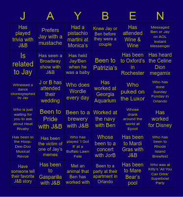 Jay & Ben's Welcome Party Bingo Card