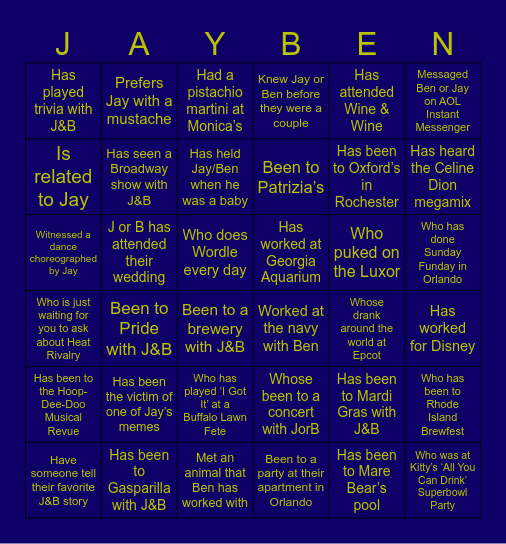 Jay & Ben's Welcome Party Bingo Card
