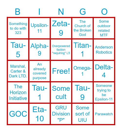 Sub-faction Application Bingo Card