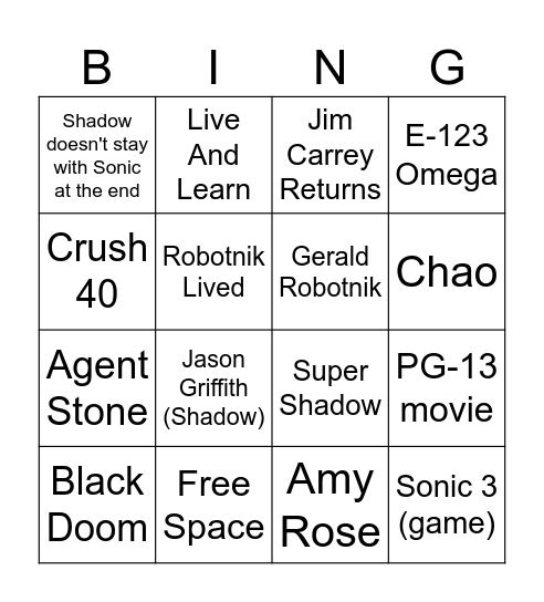 Sonic 3 Bingo Card