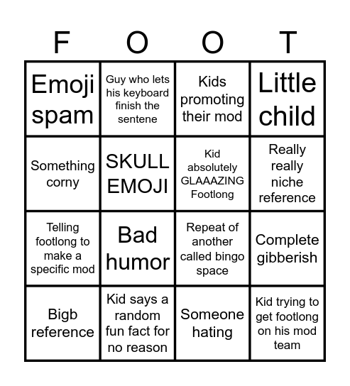 Footlong Nachos comment section Bingo Card