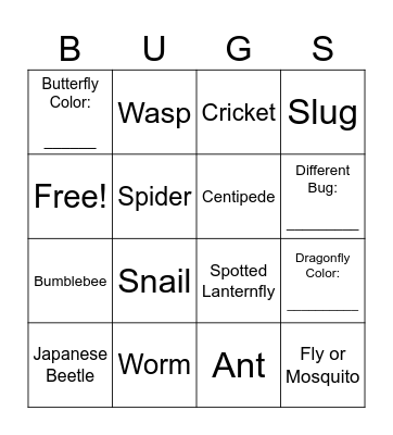 Bug Bingo Card