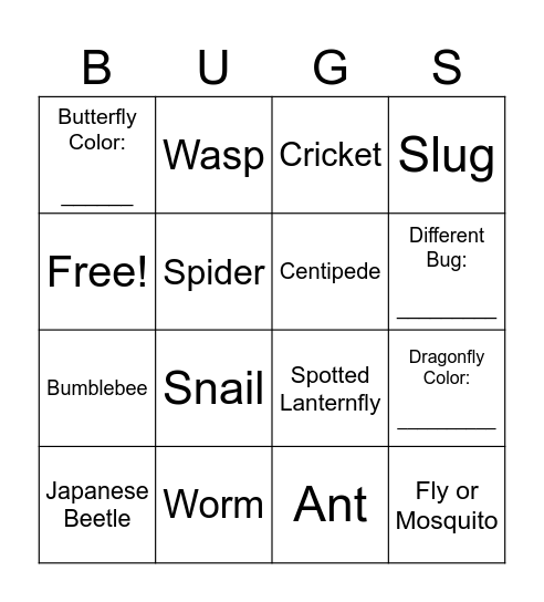 Bug Bingo Card