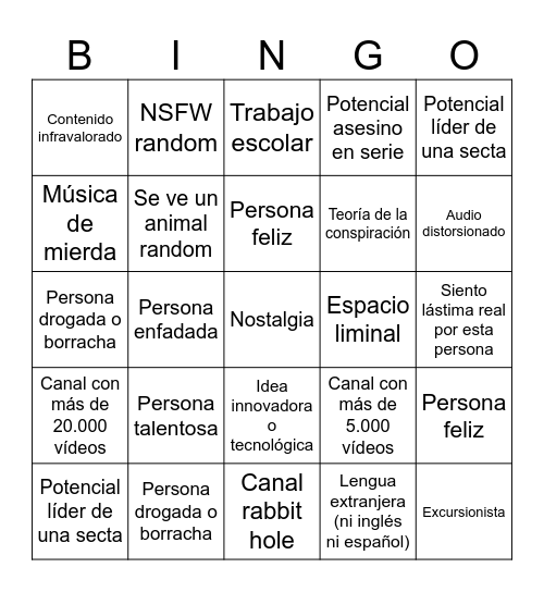 YouTube raro Bingo Card