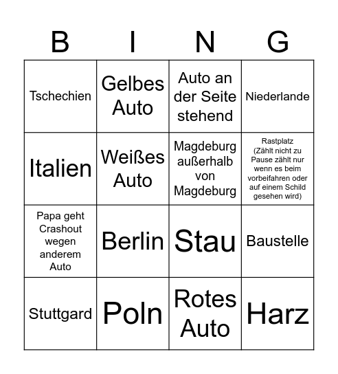 Autofahrt Bingo Card