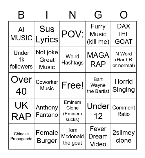 Instagram Music Bingo Card