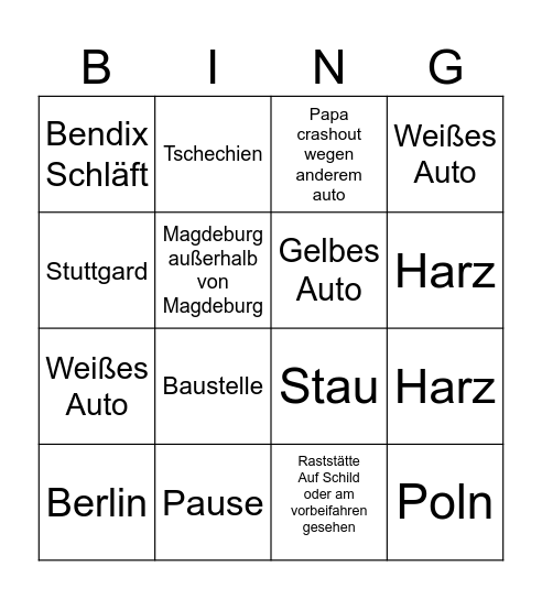 Plötsky Autofahrt Bingo Card