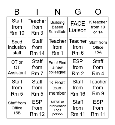 Staff Orientntation Bingo Card