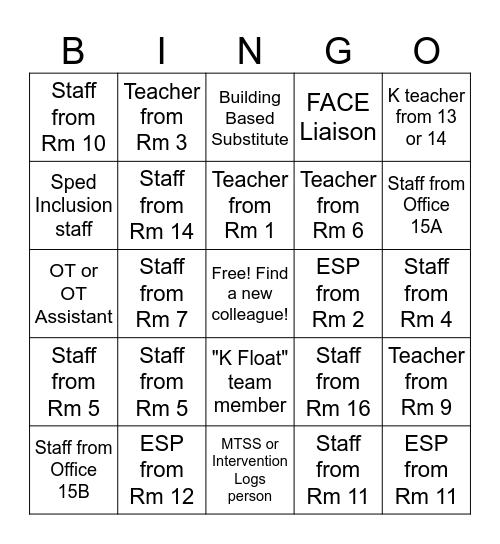Staff Orientntation Bingo Card