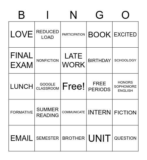 FIRST DAY Bingo Card