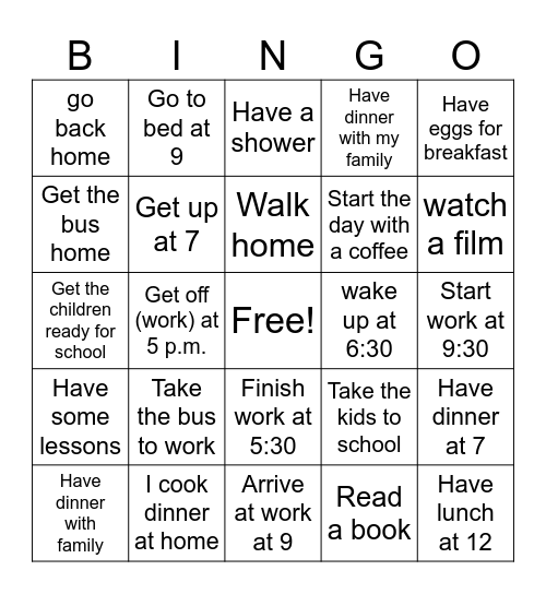 Daily Routine Bingo Card