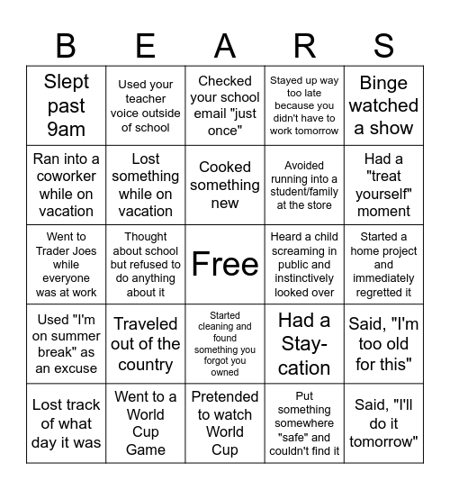 Welcome Back! Bingo Card