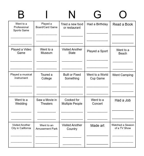 Summer Bingo Card