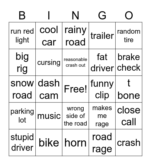 car crashes BINGO Card
