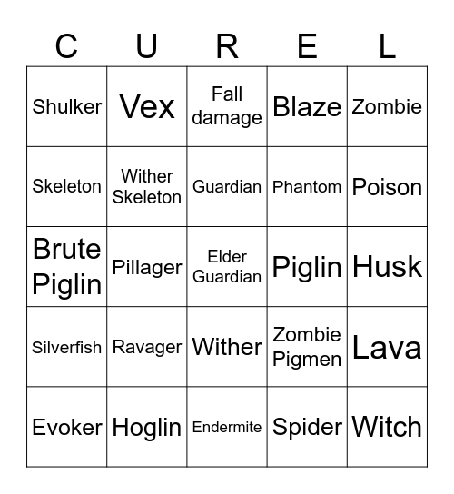 Minecraft Mobs Bingo Card
