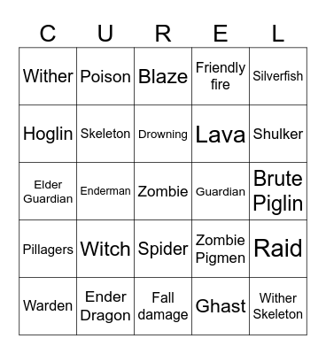 Minecraft Mobs Bingo Card