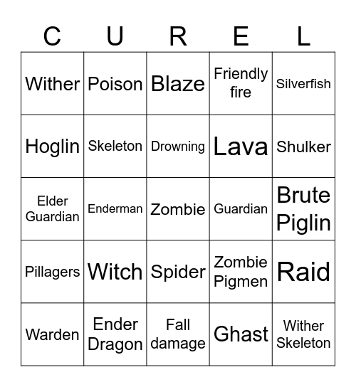 Minecraft Mobs Bingo Card