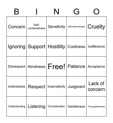 Empathy Synonyms and Antonyms Bingo Card