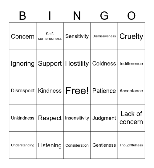 Empathy Synonyms and Antonyms Bingo Card