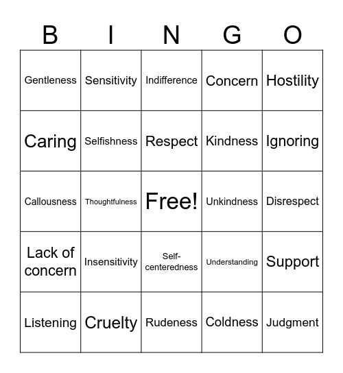 Empathy Synonyms and Antonyms Bingo Card