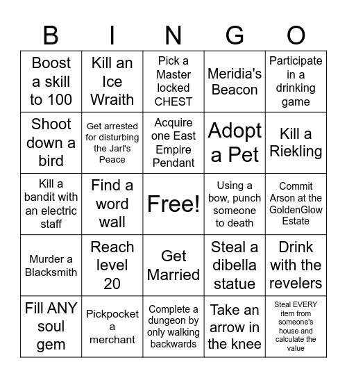 Skyrim Randomizer Bingo Card