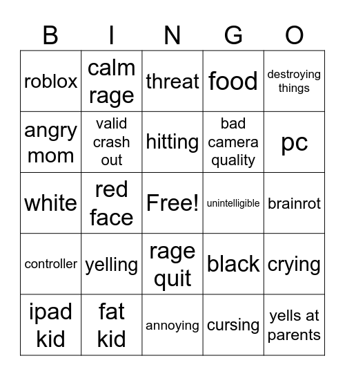 kids crashing out Bingo Card