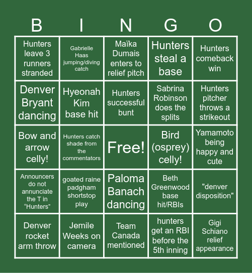 Boston Hunters Bingo Card