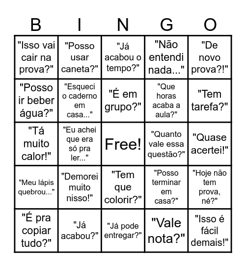 Dia do estudante Bingo Card