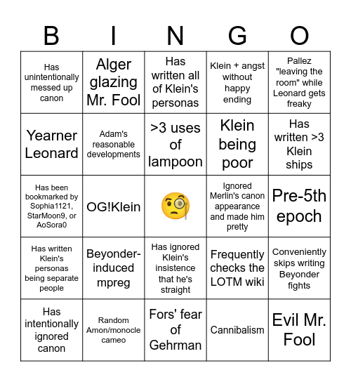 LOTM Fanfic Writer Bingo Card