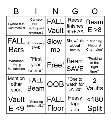 USAG National Championships Bingo Card