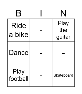 Actions Bingo Card
