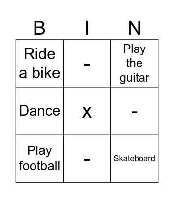 Actions Bingo Card