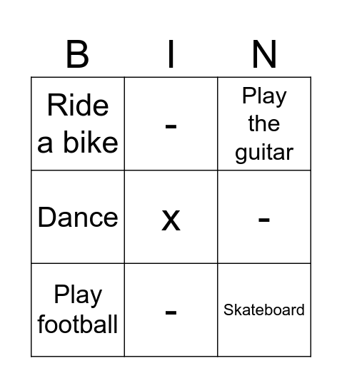 Actions Bingo Card