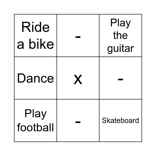 Actions Bingo Card