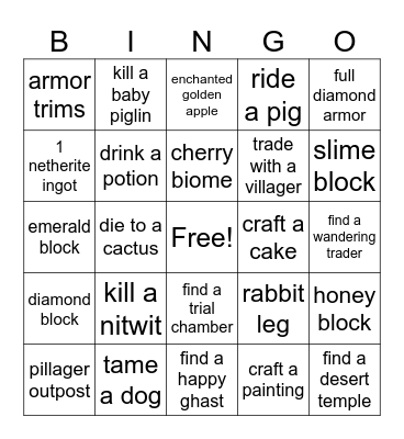 minecraft bingo Card