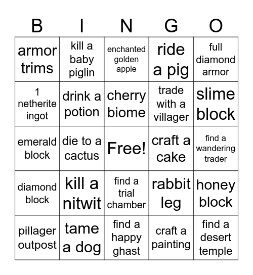 minecraft bingo Card