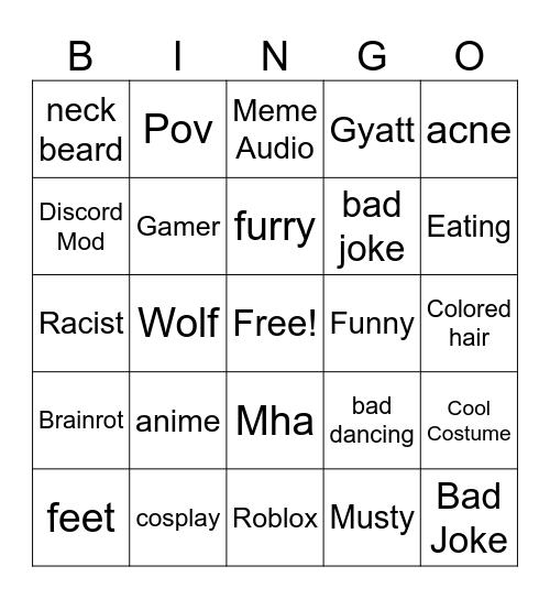 Cringe Bingo Card
