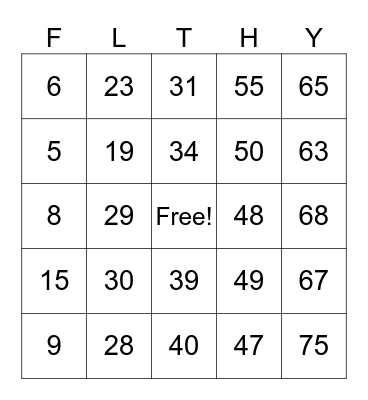 Number Bingo 1-75 Bingo Card