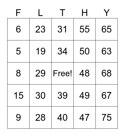 Number Bingo 1-75 Bingo Card