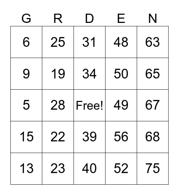 Number Bingo 1-75 Bingo Card