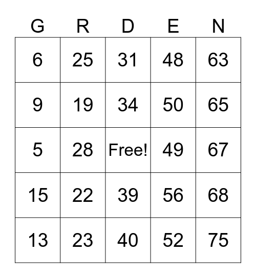 Number Bingo 1-75 Bingo Card