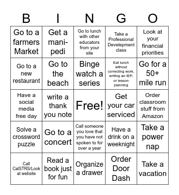 Summer Self Care Bingo - Teacher Edition Bingo Card