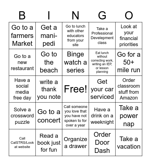 Summer Self Care Bingo - Teacher Edition Bingo Card