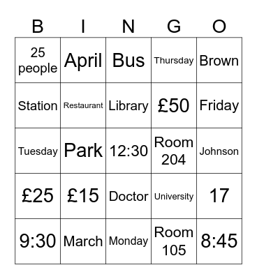 IELTS Listening BINGO Activity Bingo Card
