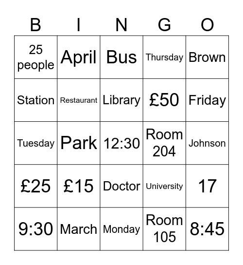 IELTS Listening BINGO Activity Bingo Card