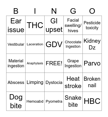 Veterinary ER BINGO Card