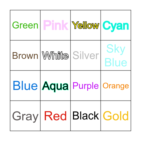 Colours Bingo Card
